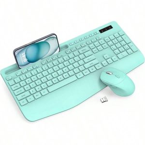 Wireless Keyboard & Mouse Combo with Wrist Rest & Phone Holder
